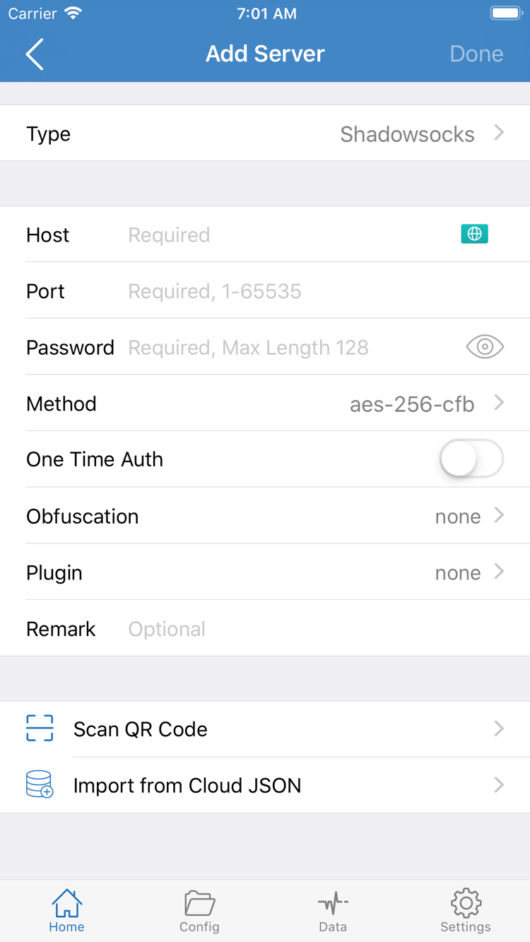 Official Shadowrocket Add Server screenshot showing Type, Host, Port, Password, Method, and Scan QR Code