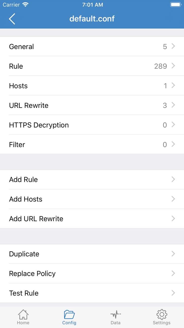 Shadowrocket 官方 Config 編輯畫面截圖，顯示 General、Rule、Hosts、URL Rewrite、HTTPS Decryption 與 Add Rule