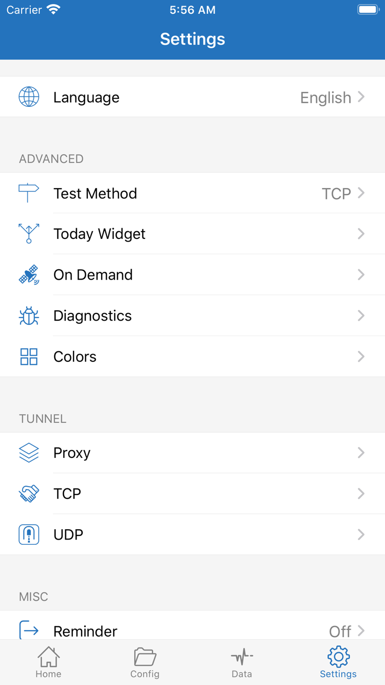 Shadowrocket 官方 Settings 截圖，顯示 Language、Test Method、Today Widget、On Demand、Diagnostics、Proxy、TCP 與 UDP